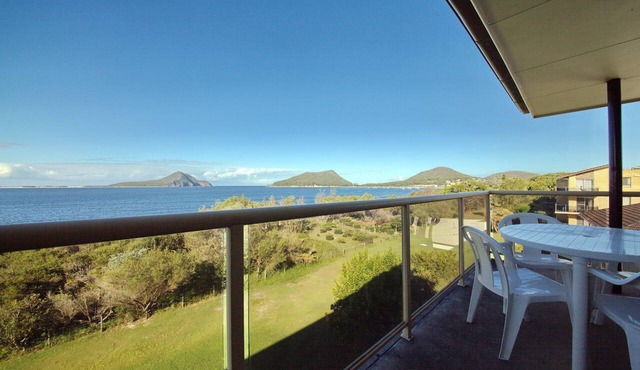 Panoramic views across Shoal Bay from the balcony