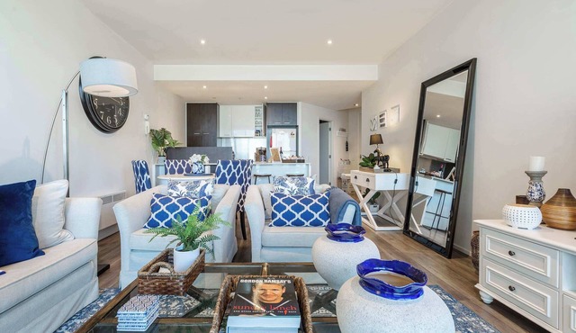 Waterfront condo with marina views near promenade